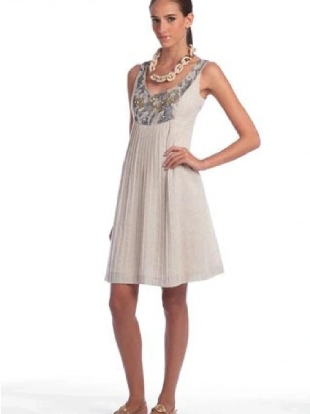 Tory Burch Cream Sleeveless Embellished Linen-Blend Dress with Gold Accents